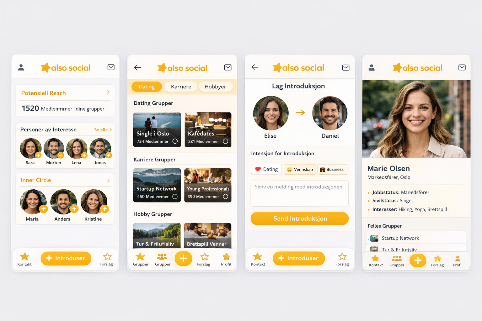 Four Also Social app screens showing groups, introductions, and profiles